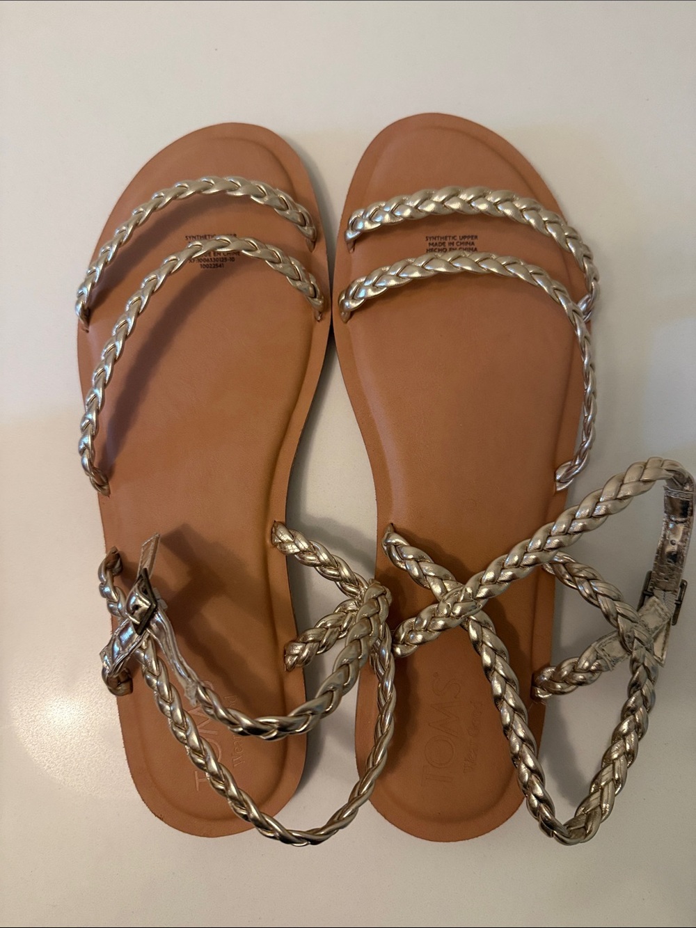 TOMS Braided Gold Metallic Strappy Flat Sandals, size 11